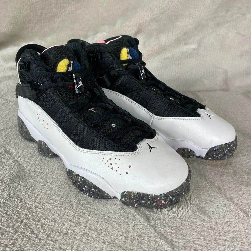 Jordan 6 Rings Shoes Boys Size 7Y White Black Leather DV3178-100 Nike Sneakers